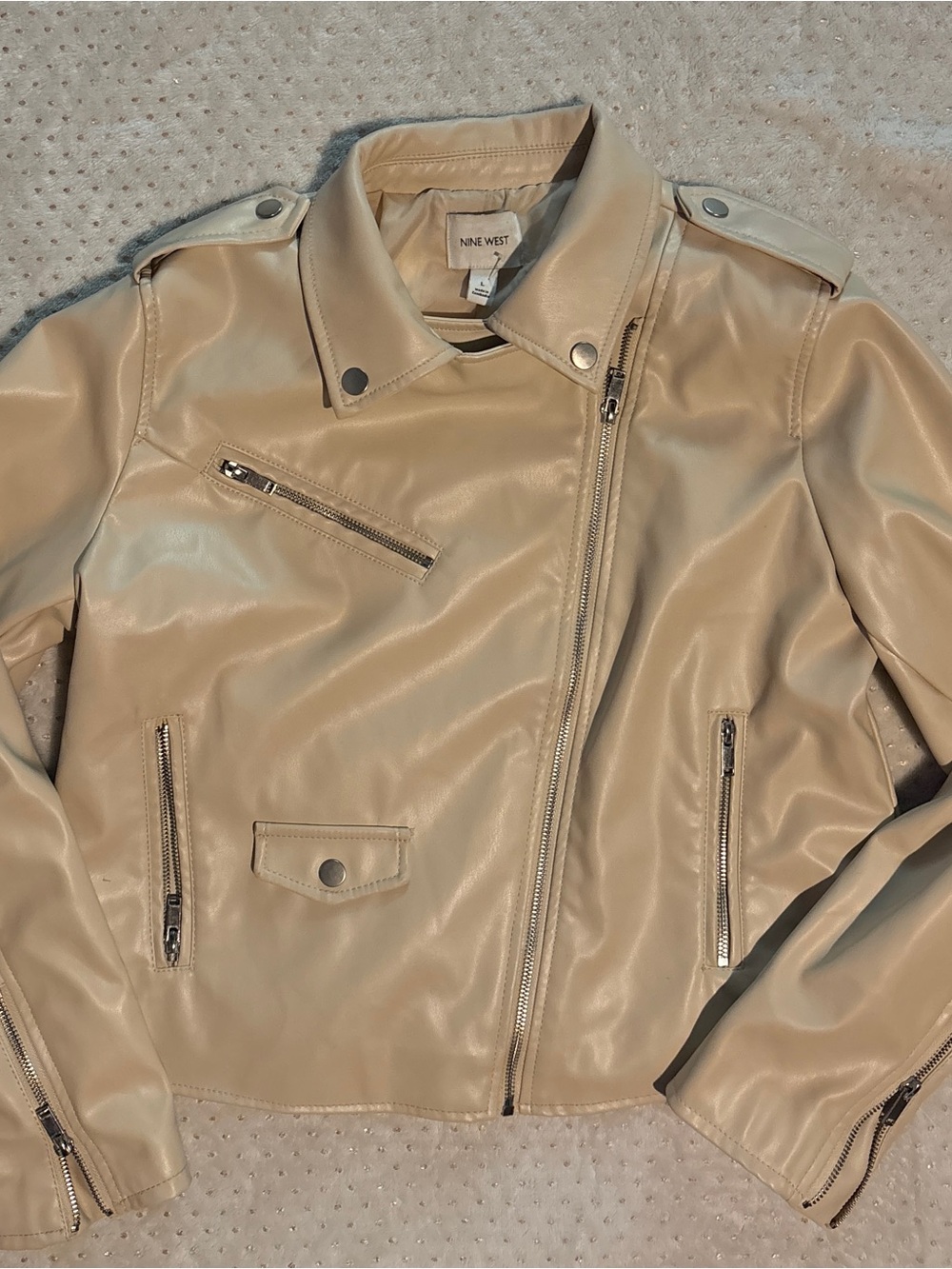 Nine West Beige Faux Leather Biker Jacket